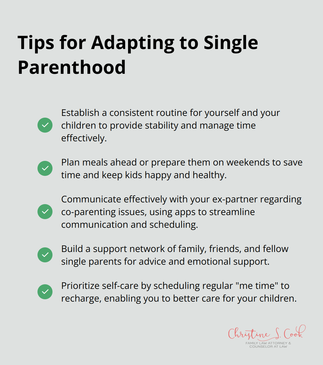 A checkmark list chart showing five tips for adapting to single parenthood: Establish a consistent routine, Plan meals ahead, Communicate effectively, Build a support network, and Prioritize self-care. - divorce life coach