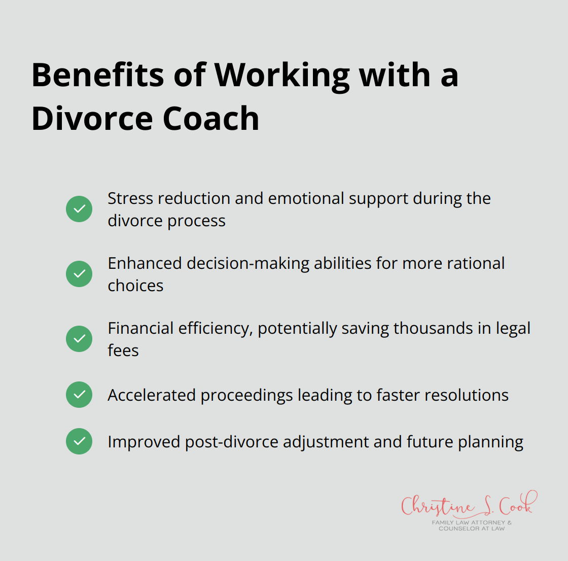A checkmark list chart showcasing five key benefits of working with a divorce coach - what does a divorce coach do