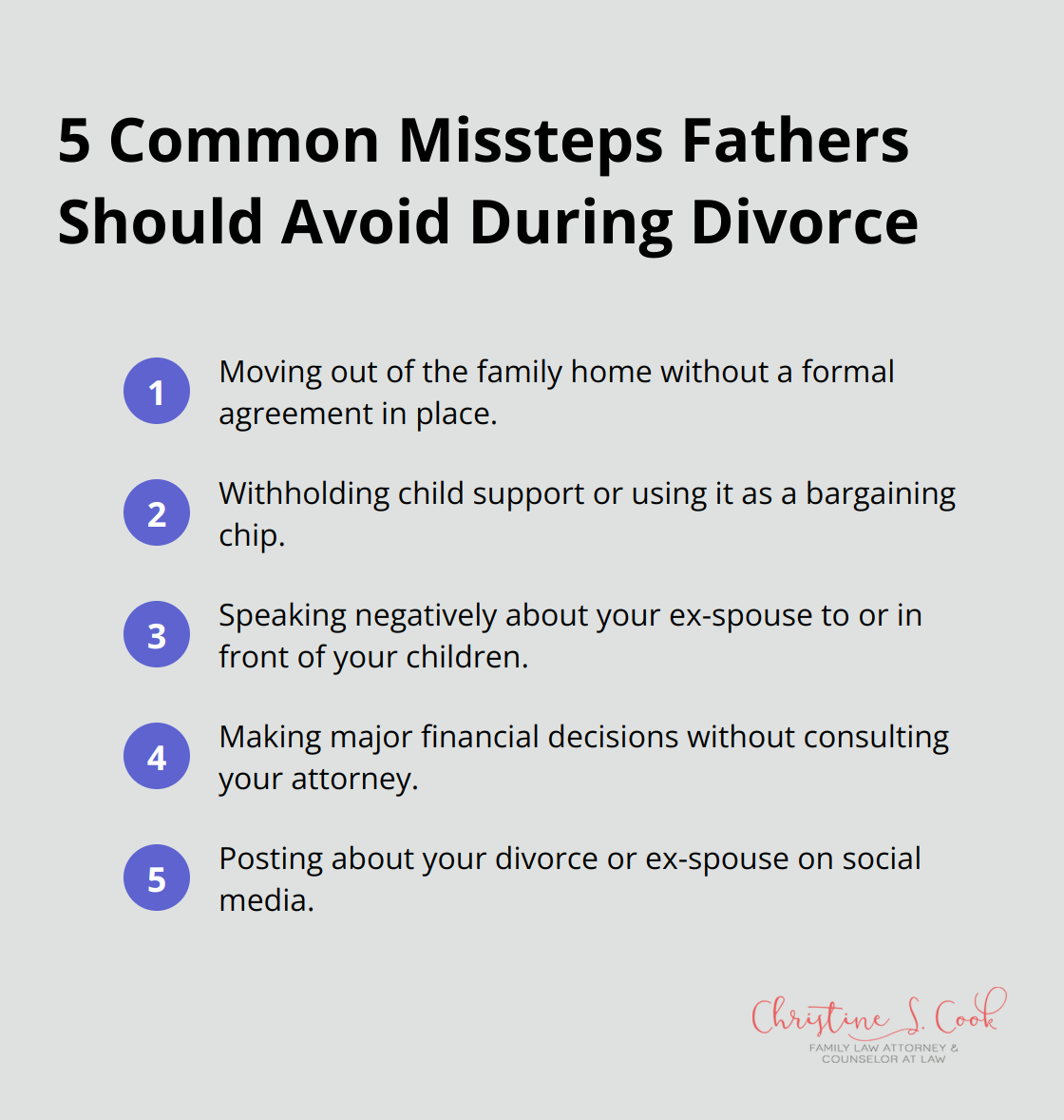An ordered list chart showing five common mistakes fathers should avoid during divorce proceedings. - divorce strategies for fathers