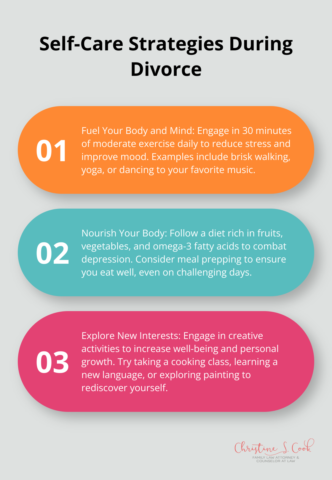 Ordered list chart showing three key self-care strategies for women going through divorce - support for woman going through divorce