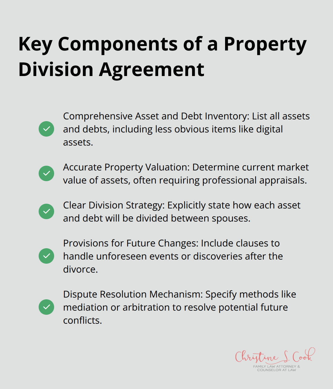 Checkmark list showing five essential components to include in a property division agreement during divorce proceedings.