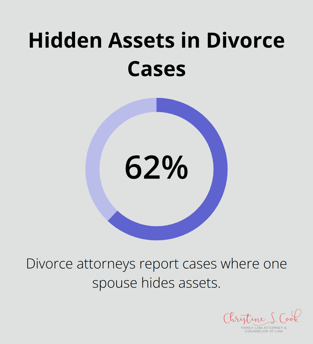 Pie chart showing 62% of divorce attorneys see cases where one spouse hides assets - divorce financial planning
