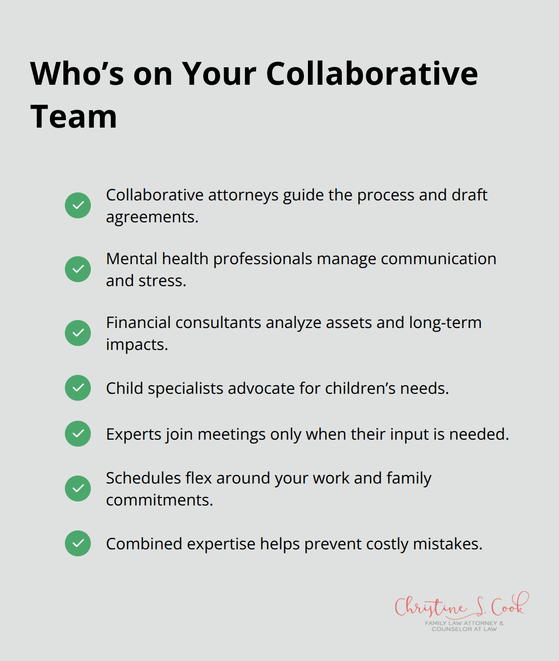 Key professionals involved in a collaborative divorce and how they help.