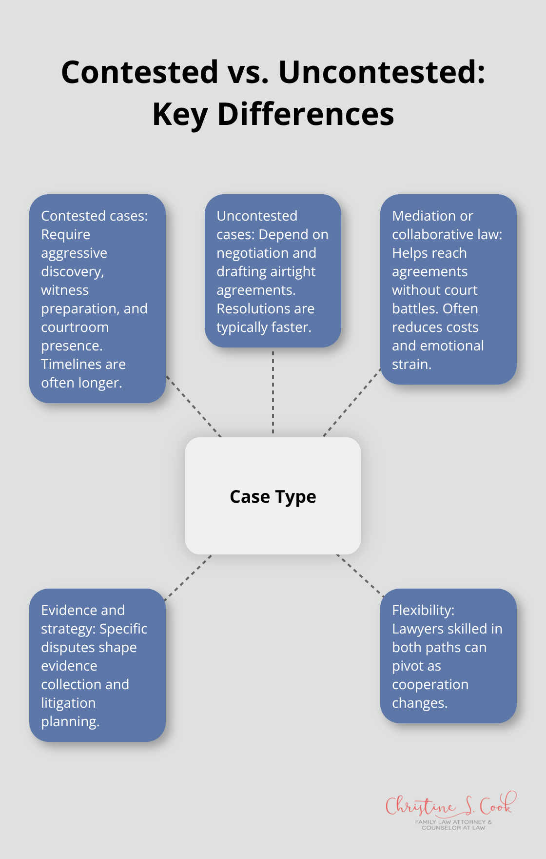 Hub-and-spoke diagram showing differences and options in custody case paths