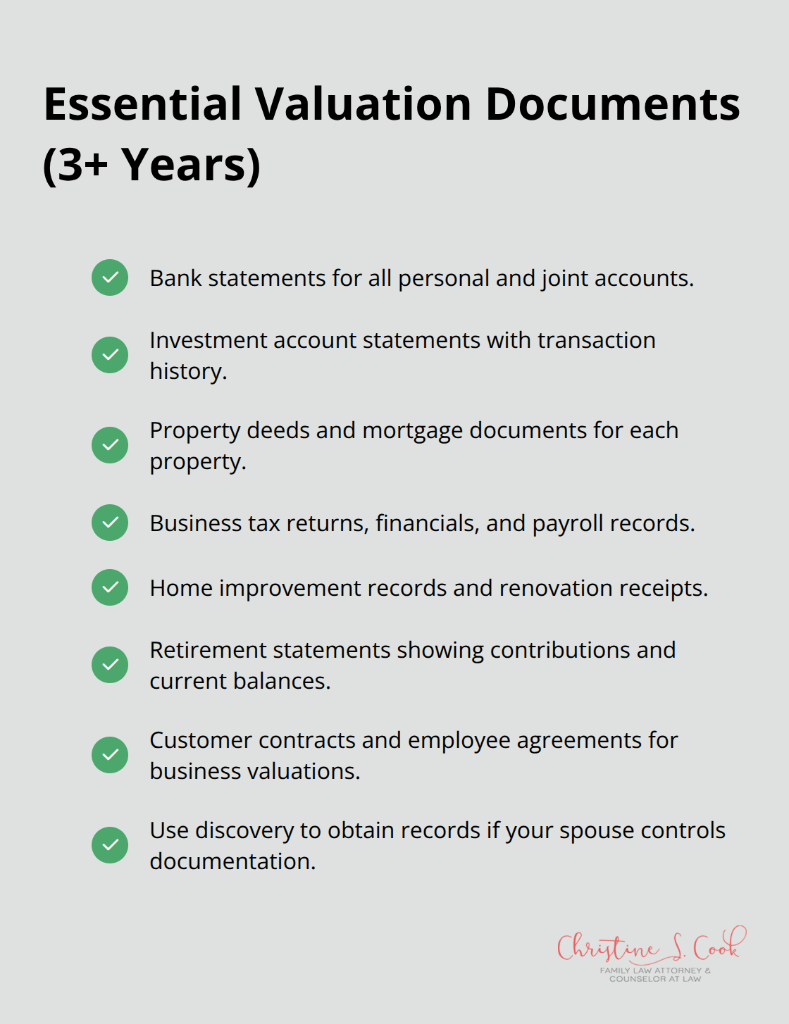 Checklist of documents to gather before valuation in a U.S. divorce - asset valuation